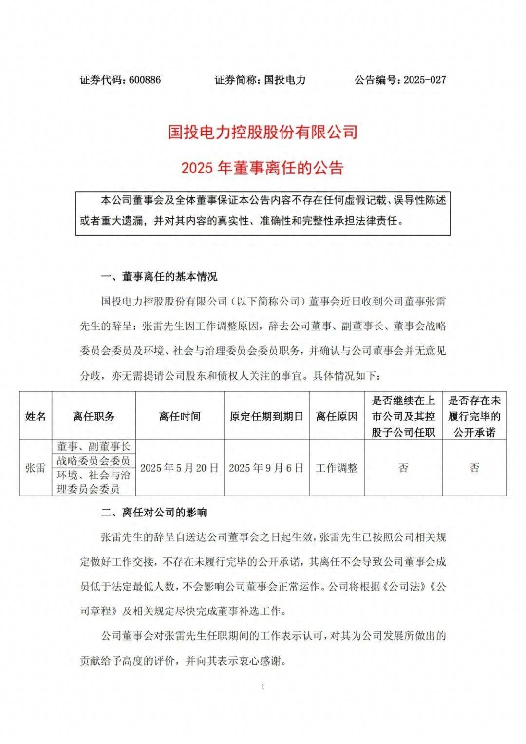 国投电力副董事长辞职