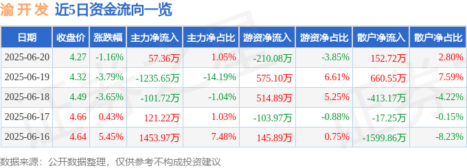 股票行情快报：渝开发（000514）6月20日主力资金净买入57.36万元