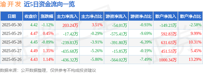 股票行情快报：渝开发（000514）5月30日主力资金净买入203.24万元