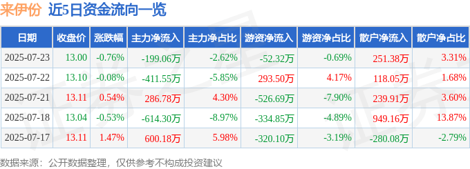 股票行情快报：来伊份（603777）7月23日主力资金净卖出199.06万元