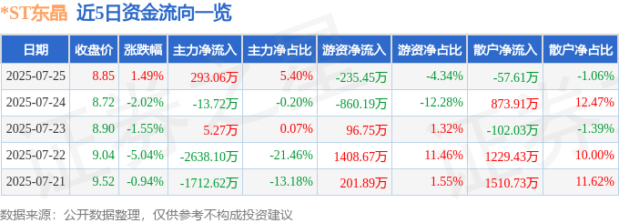 股票行情快报：*ST东晶（002199）7月25日主力资金净买入293.06万元