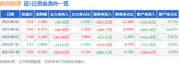 股票行情快报：陕西能源（001286）8月5日主力资金净卖出728.38万元