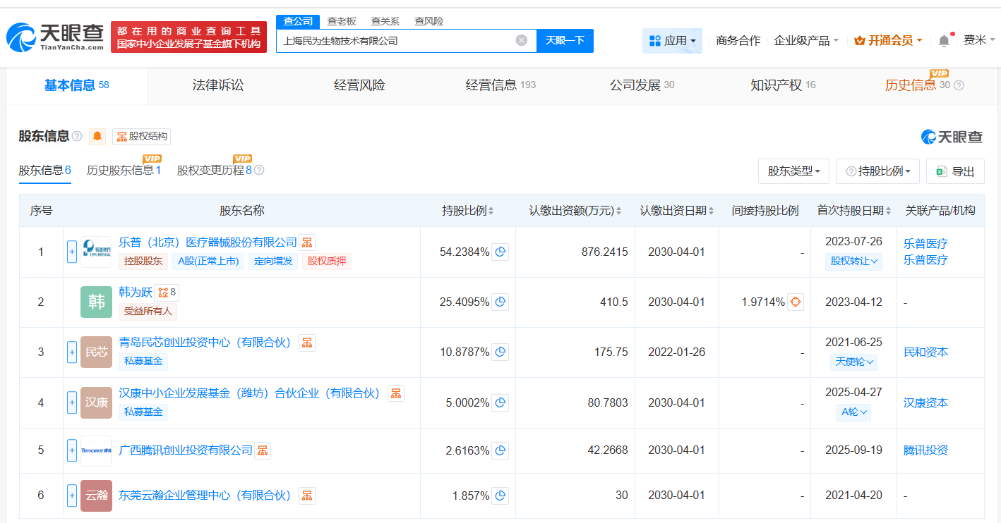腾讯入股乐普医疗旗下民为生物技术公司