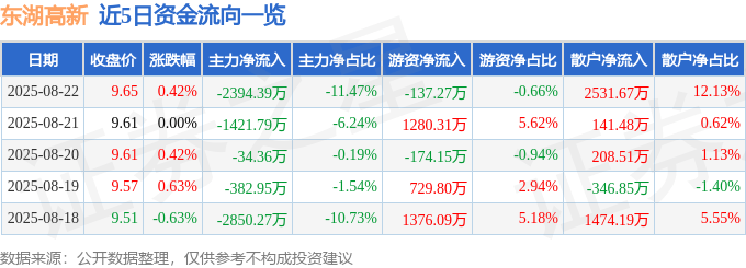 股票行情快报：东湖高新（600133）8月22日主力资金净卖出2394.39万元